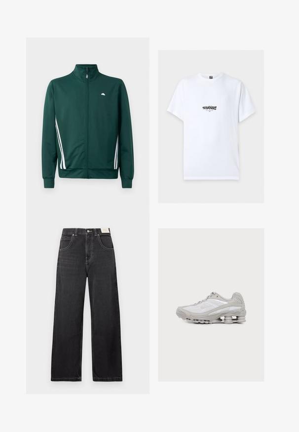 Grøn zip-up træningjakke med høj krave, hvide sideløjfer og logo på brystet. Glat stof med letvægts, sporty design.; Hvid T-shirt med korte ærmer med sort "The North Face" logo og "Never Stop Exploring" tekst centreret på brystet.; Sorte jeans med vide ben lavet af denim, med fem lommer, kontrasterende hvide syninger og knaplukning i taljen.; Lysegrå og hvid atletiksko med synlig fjederlignende støddæmpning i sålen og meshstof på overdelen.