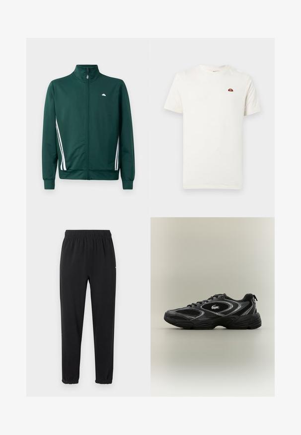 Grøn zip-up træningjakke med høj krave, hvide sideløjfer og logo på brystet. Glat stof med letvægts, sporty design.; Hvid kortærmet t-shirt med rund hals og lille rød og orange logo på venstre bryst mod en ensfarvet baggrund.; Sorte joggingbukser med elastik i taljen og elastiske manchetter, lige pasform og uden synlige udsmykninger, vist mod en lys baggrund.; Sort og grå atletisk sneaker med mesh-paneler, snørebåndsdesign, tyk sål og et lille krokodillelogo på siden.
