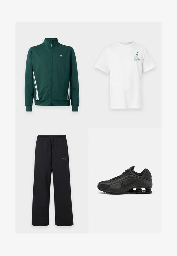 Chaqueta de chándal verde con cremallera y cuello alto, rayas laterales blancas y logo en el pecho. Tejido suave con diseño ligero y deportivo.; Camiseta blanca de manga corta con un pequeño gráfico de un alienígena verde llevando bolsas en la zona del pecho izquierdo.; Pantalones deportivos negros de New Balance con cintura elástica, cordón ajustable y pequeño logo en la parte superior del muslo izquierdo.; Zapatillas de running negras con un upper sintético liso, detalles perforados, paneles laterales texturizados y una suela distintiva y elástica.