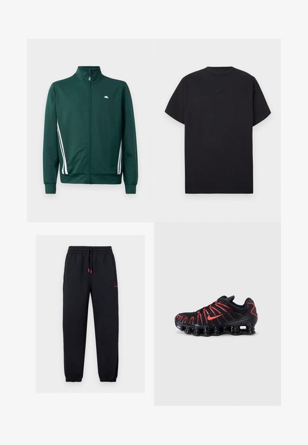 Grüne Zip-Jacke mit hohem Kragen, weißen Seitenstreifen und Logo auf der Brust. Glattes Material mit leichtem, sportlichem Design.; Schwarzes Nike T-Shirt mit kurzen Ärmeln, Rundhalsausschnitt und kleinem schwarzem Nike-Logo mittig auf der Brust.; Schwarze Jogginghose mit elastischem Bund und Bündchen, roten Kordelenden und kleinem rotem Jumpman-Logo am oberen linken Oberschenkel.; Schwarze Sportchuhe mit roten Akzenten, ausgestattet mit einem strukturierten Mesh-Obermaterial, einem einzigartigen wellenförmigen Design und einer geformten, gepolsterten Sohle.