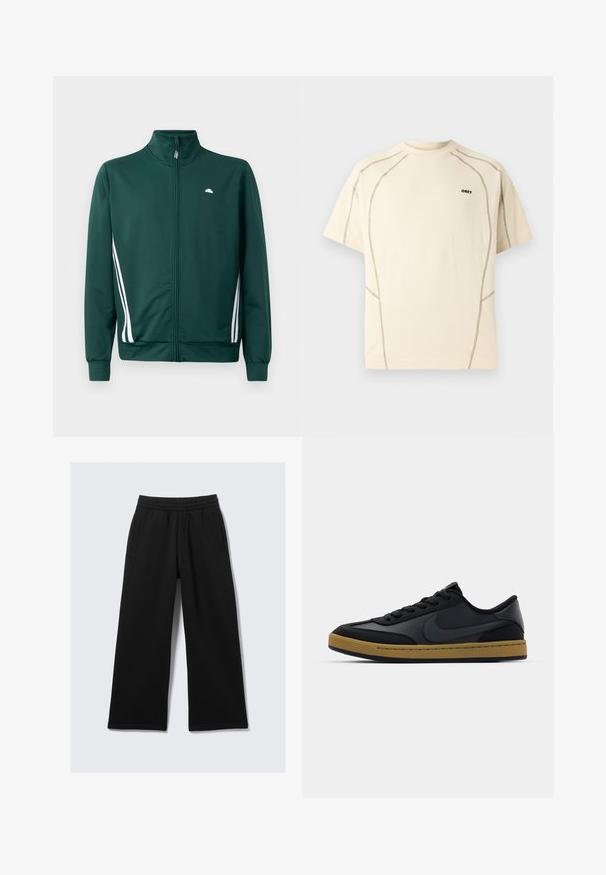 Grøn zip-up træningjakke med høj krave, hvide sideløjfer og logo på brystet. Glat stof med letvægts, sporty design.; Beige kortærmet t-shirt med mørk kontrastsyning og lille "OBEY"-logo på venstre bryst mod en lys baggrund.; Sorte bukser med brede ben, elastik i taljen, to sidelommer og en glat tekstur. Designet for komfort og bevægelsesfrihed.; Sorte lædersneakers med lavt design, snørelukning, gummisål og gumfarvede detaljer. Har et sidelogot og strukturerede materialer.