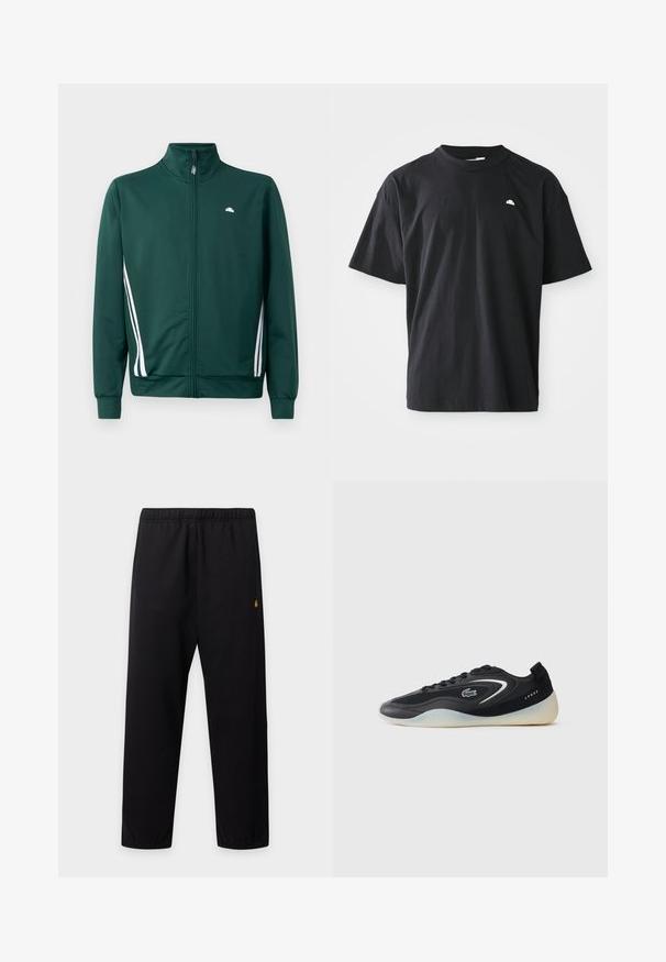 Groene zip-up trainingsjack met hoge kraag, witte zijstrepen en logo op de borst. Glad materiaal met een lichte, sportieve uitstraling.; Zwarte katoenen t-shirt met een relaxte pasvorm, korte mouwen, ronde hals en een klein wit logo-accent op de borst. Soepele textuur.; Zwarte casual broek met elastische tailleband en boorden, een klein geel logo aan de rechterkant, getoond op een effen lichte achtergrond.; Zwarte sportschoen met een slank ontwerp, met een bovenwerk van mesh en synthetische materialen, een gestructureerde zool en een opvallend logo aan de zijkant.