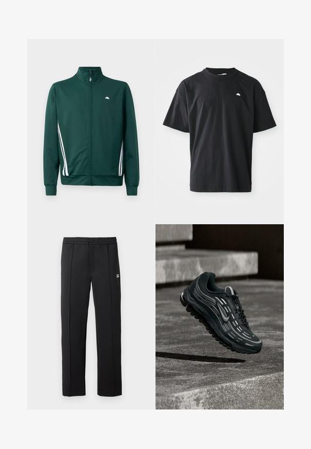 Grøn zip-up træningjakke med høj krave, hvide sideløjfer og logo på brystet. Glat stof med letvægts, sporty design.; Sort bomulds T-shirt med afslappet pasform, korte ærmer, rund hals, og en lille hvid logoaccent på brystet. Glat tekstur.; Sorte bukser lavet af glat stof, der har en knaplukning, sidelommer og et lille logo på forsiden. Lige ben design.; Sort og grå Nike Air Max sneaker, der flyder over grå betontrin med tekstureret jordbaggrund.