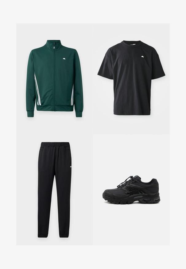 Grüne Zip-Jacke mit hohem Kragen, weißen Seitenstreifen und Logo auf der Brust. Glattes Material mit leichtem, sportlichem Design.; Schwarzes Baumwoll-T-Shirt mit lockerem Schnitt, kurzen Ärmeln, Rundhalsausschnitt und einem kleinen weißen Logoakzent auf der Brust. Glatte Textur.; Schwarze Sporthosen aus weichem Stoff, mit einem elastischen Bund, zwei Seitentaschen und gebündelten Säumen für eine eng anliegende Passform.; Schwarzer athletischer Sneaker mit strukturiertem Stoff, dicker gepolsterter Sohle, Luftauslässen und Schnürverschluss, von der Seite auf hellem Hintergrund gezeigt.