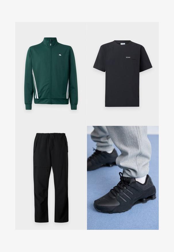 Groene zip-up trainingsjack met hoge kraag, witte zijstrepen en logo op de borst. Glad materiaal met een lichte, sportieve uitstraling.; Zwart Columbia T-shirt met korte mouwen, borstzakje met rits en klein logo, weergegeven op een witte achtergrond.; Zwarte casual broek met elastische tailleband, twee zijzakken en een ritszak op de dij, plat weergegeven op een witte achtergrond.; Persoon in zwarte Nike Shox sneakers en een grijze joggingbroek staand op een lichtblauw tapijt.