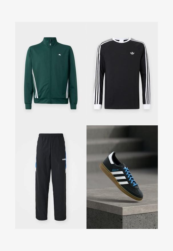 Groene zip-up trainingsjack met hoge kraag, witte zijstrepen en logo op de borst. Glad materiaal met een lichte, sportieve uitstraling.; Zwart T-shirt met lange mouwen en een wit drie-strepen ontwerp op de mouwen. Voorzien van een ronde hals en een klein wit logo op de borst.; Zwarte sportbroeken met een elastische tailleband, voorzien van blauwe en witte grafische accenten aan de zijkanten en een geborduurd logo.; Zwarte Adidas-sneaker met witte strepen, blauwe veters en een gumzool die boven een grijze betonnen trede zweeft in zacht licht.