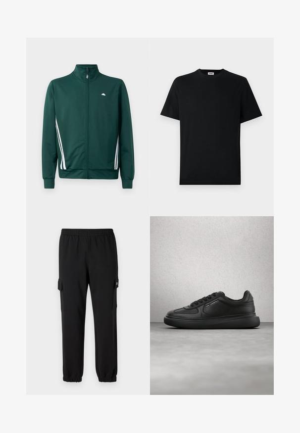 Chaqueta de chándal verde con cremallera y cuello alto, rayas laterales blancas y logo en el pecho. Tejido suave con diseño ligero y deportivo.; Camiseta básica negra de manga corta con cuello redondo, exhibida plana sobre un fondo blanco, con una pequeña etiqueta de la marca en el interior del collar.; Pantalones de chándal negros con cintura elástica, puños ajustados y bolsillos laterales tipo cargo. Fabricados con material suave y textura lisa.; Zapatilla deportiva de cuero negro con cordones, con la marca "Karl Lagerfeld" en la lengüeta y el lateral, presentada frente a una pared moderna de bloques de vidrio y un suelo de cemento.