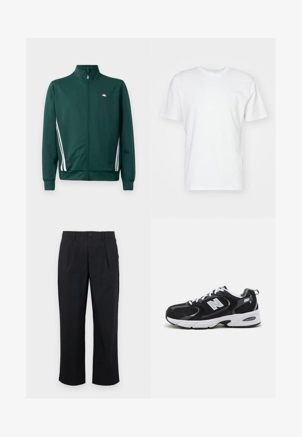 Chaqueta de chándal verde con cremallera y cuello alto, rayas laterales blancas y logo en el pecho. Tejido suave con diseño ligero y deportivo.; Camiseta de algodón blanca con manga corta, escote redondo y una textura suave. Diseño simple sin patrones ni gráficos.; Pantalones negros de corte recto, con pliegues en la parte delantera, cierre de botón y textura de tela suave.; Zapatillas deportivas en negro y gris con parte superior de malla y ante, que cuentan con una entresuela blanca, cordones y un llamativo logo "N" en el lateral.