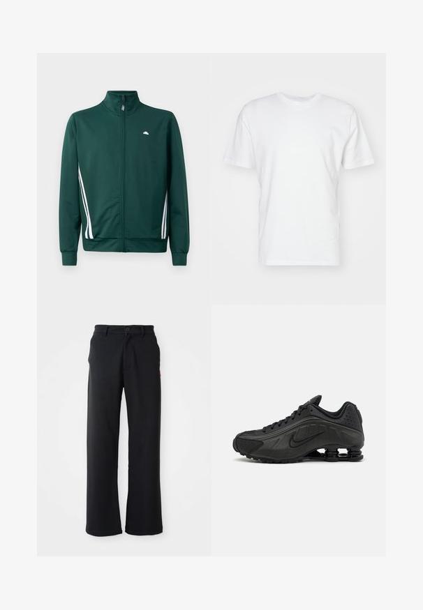 Grüne Zip-Jacke mit hohem Kragen, weißen Seitenstreifen und Logo auf der Brust. Glattes Material mit leichtem, sportlichem Design.; Weißes Baumwoll-T-Shirt mit kurzen Ärmeln, Rundhalsausschnitt und glatter Textur. Einfaches Design ohne Muster oder Grafiken.; Schwarze gerade geschnittene Hose mit Knopf- und Reißverschluss, Gürtelschlaufen und seitlichen Taschen, vor einem weißen Hintergrund präsentiert.; Schwarze Laufschuhe mit einem glatten synthetischen Obermaterial, durchbrochenen Akzenten, strukturierten Seitenpaneelen und einer ausgeprägten federnden Sohle.