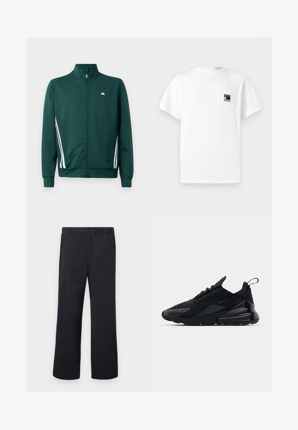 Chaqueta de chándal verde con cremallera y cuello alto, rayas laterales blancas y logo en el pecho. Tejido suave con diseño ligero y deportivo.; Camiseta blanca de algodón con mangas cortas y un bolsillo en el pecho que presenta un logo de montaña en negro y dorado. Diseño sencillo y sin adornos.; Pantalones negros de pierna recta con cintura elástica y un solo botón encima de la bragueta con cremallera, mostrados extendidos sobre un fondo blanco.; Zapatilla Nike Air Max 270 negra que presenta un Upper texturizado, paneles de malla y un talón brillante con uma unidad de amortiguación de aire prominente.