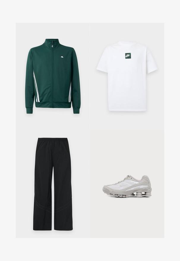 Groene zip-up trainingsjack met hoge kraag, witte zijstrepen en logo op de borst. Glad materiaal met een lichte, sportieve uitstraling.; Witte Nike T-shirt met korte mouwen en een klein groen vierkant logo met de Nike swoosh en tekst, gecentreerd op de borst.; Zwarte wijde broek gemaakt van lichtgewicht stof met een elastische tailleband en subtiel gebogen stikdetail aan de zoom.; Grijze en witte sportschoen met zichtbare luchtkussenzool en meshpanelen, in profiel weergegeven op een eenvoudige lichte achtergrond.