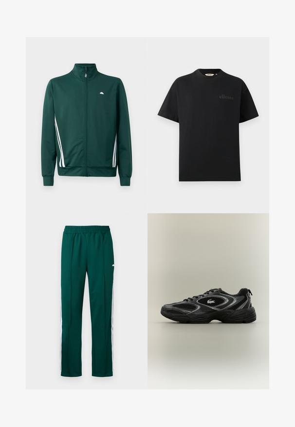 Grüne Zip-Jacke mit hohem Kragen, weißen Seitenstreifen und Logo auf der Brust. Glattes Material mit leichtem, sportlichem Design.; Schwarzes T-Shirt aus Baumwolle mit klassischem Rundhalsausschnitt und kurzen Ärmeln. Verfügt über ein dezentes, geprägtes Logo auf der Brust.; Grüne Sporthose mit einem elastischen Bund, ausgestattet mit weißen Seitestreifen und einem geraden Beinschnitt. Glatte Textur, moderne Passform.; Schwarzer und grauer Sportschuh mit Netzpaneelen, Schnürdesign, dicker Sohle und einem kleinen Krokodil-Logo an der Seite.