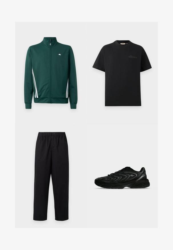 Groene zip-up trainingsjack met hoge kraag, witte zijstrepen en logo op de borst. Glad materiaal met een lichte, sportieve uitstraling.; Zwart T-shirt van katoen met een standaard ronde hals en korte mouwen. Voorzien van een subtiel geperst logo op de borst.; Zwarte, wijde broeken met een elastische tailleband en een enkele knoop. Gemaakt van een gladde, lichte stof. Rechte zoom.; Zwarte atletische sneaker met golfachtige patronen en een klein krokodillenlogo aan de zijkant, weergegeven op een effen lichtgrijze achtergrond.