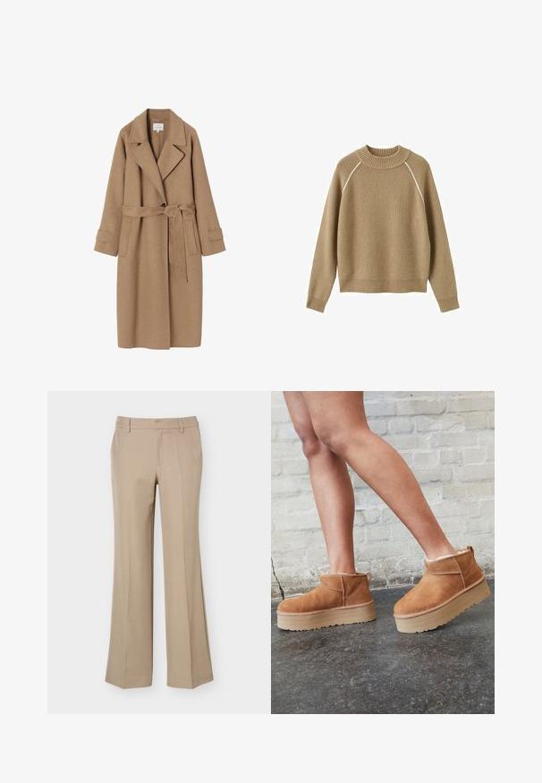 Manteau trench en mélange de laine beige avec un col cranté, une ceinture à nouer à la taille, des poches latérales et des manches retroussées. Texture lisse et détails de design minimalistes.; Pull en maille côtelée beige à manches longues, col ras du cou, avec un discret liseré blanc le long des coutures d'épaule.; Pantalon beige pour femme avec passants de ceinture, pli devant et coupe droite à jambes larges sur fond blanc uni.; Bottines en suède marron avec une doublure en peluche, semelle épaisse en beige et une poignée à l'arrière. Surface texturée avec des détails de couture visibles.