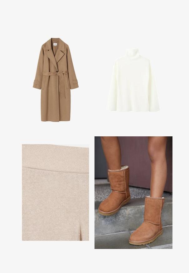 Manteau trench en mélange de laine beige avec un col cranté, une ceinture à nouer à la taille, des poches latérales et des manches retroussées. Texture lisse et détails de design minimalistes.; Pull à col roulé en maille côtelée blanche, manches longues et coupe décontractée sur un fond uni.; Gros plan sur un pantalon en maille beige avec une ceinture élastique côtelée et un tissu doux et texturé.; Bottines en suede marron, à bout rond, avec une doublure douce et une semelle en caoutchouc, présentant des détails de couture visibles le long des coutures.