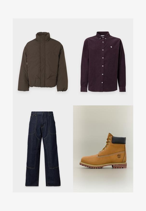 Veste matelassée brune avec un col haut, une fermeture éclair à l'avant, deux poches latérales et une texture matelassée. Conçue pour la chaleur et le confort.; Chemise en velours côtelé violet foncé avec un col boutonné, des boutons blancs et un logo brodé sur la poitrine gauche. Manches longues avec poignets boutonnés.; Pantalon en jean bleu foncé à jambes larges, coutures contrastées, poches plaquées devant et fermeture par bouton à la taille.; Bottine en cuir marron avec col noir, lacets jaunes et semelle beige. Présente un logo et des détails de couture blanche. Semelle extérieure à traction robuste.