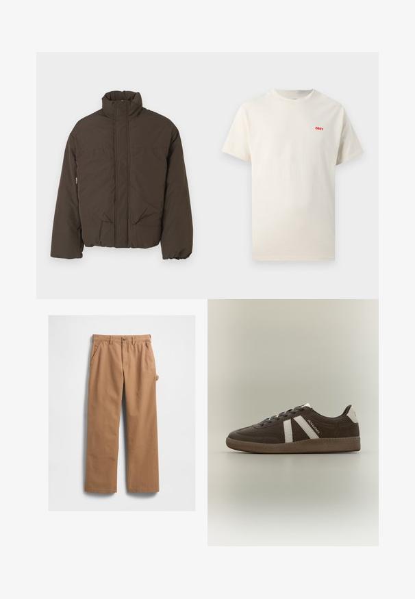 Veste matelassée brune avec un col haut, une fermeture éclair à l'avant, deux poches latérales et une texture matelassée. Conçue pour la chaleur et le confort.; T-shirt écru à manches courtes avec col rond et petit logo rouge "OBEY" sur la poitrine gauche.; Pantalon en coton beige à coupe droite, avec poches latérales et une poche à outils sur le côté. La texture du tissu est lisse et solide.; Basket en daim marron avec des bandes blanches, un renfort de talon blanc, une semelle gomme et le texte "JACK & JONES" sur le côté, présentée de profil sur un fond uni.