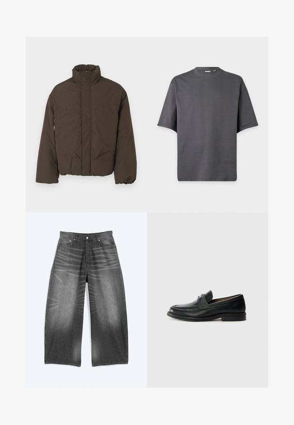 Veste matelassée brune avec un col haut, une fermeture éclair à l'avant, deux poches latérales et une texture matelassée. Conçue pour la chaleur et le confort.; T-shirt gris foncé manches courtes à col rond, design simple et texture de tissu lisse.; Jean en denim noir délavé à jambes larges avec poches avant et fermeture à boutons, présenté à plat sur fond clair.; Mocassins en cuir noir avec une finition lisse, dotés d'une bande supérieure texturée, d'un talon bas et de détails de couture minimalistes.