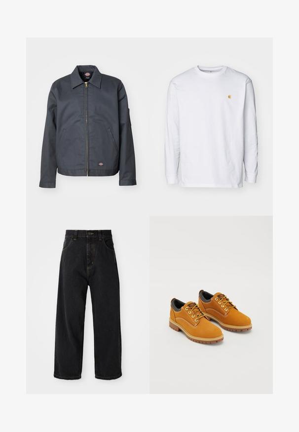 Veste gris foncé en tissu robuste. Dotée d'un col, d'une fermeture éclair à l'avant, de poches latérales et d'un petit logo sur le bas de l'avant. Texture lisse.; T-shirt à manches longues blanc en coton. Présente un petit logo doré sur la poitrine et un col rond. Design simple et coupe standard.; Jeans en denim noirs à coupe large avec taille haute, bouton avant, fermeture éclair et surpiqûres jaunes sur les poches et les coutures.; Chaussures en daim marron avec un bout rond, des lacets jaunes, un col rembourré noir et des semelles en caoutchouc avec des rainures de traction.