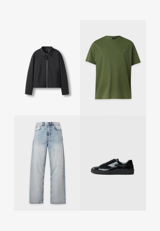 Veste noire zippée avec col et deux poches latérales verticales, présentée à plat sur fond blanc.; T-shirt vert olive uni à manches courtes avec un petit logo zèbre multicolore sur la poitrine gauche sur un fond clair.; Jean en denim bleu clair délavé, coupe droite, design classique cinq poches, fermeture par bouton à la taille.; Baskets en cuir verni noir avec un bout arrondi, un laçage, une semelle en caoutchouc texturé et une finition lisse.