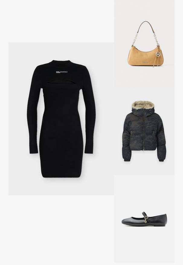 Chaqueta acolchada en azul oscuro con un acabado texturizado y con patrón. Cuenta con capucha forrada de piel, cierre de cremallera y puños elásticos.; Mini vestido negro acanalado de manga larga con cuello alto, abertura en el pecho y logo "Karl Lagerfeld Jeans" en blanco en la parte delantera.; Zapato plano Mary Jane de cuero negro con una pequeña hebilla dorada y un charm circular sobre fondo blanco.; Bolso Michael Kors de cuero color marrón claro con asa de cadena plateada, colgante con el logo y la inscripción "MICHAEL KORS" en el frente.