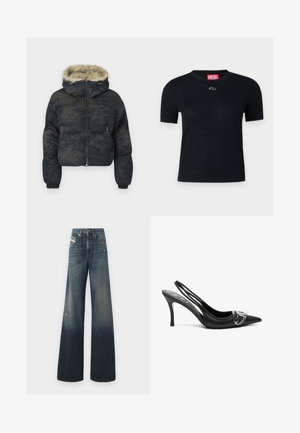 Dunkelblaue Pufferjacke mit strukturiertem, gemustertem Finish. Verfügt über eine mit Fell gefütterte Kapuze, einen Reißverschluss und elastische Bündchen.; Schwarzes T-Shirt mit kurzen Ärmeln und Rundhalsausschnitt, aus weichem Stoff gefertigt, mit einem rundlichen silbernen Akzent am Halsauschnitt und einem roten Etikett.; Weit geschnittene Jeans aus Denim in Dunkelblau mit einem ausgewaschenen Finish, mit einem abgenutzten Knie und klassischem Fünf-Taschen-Design mit Label.; Schwarze Slingback-Pumps mit spitzem Vorderteil, ausgestattet mit einem glänzenden silbernen Schnallendetail und einem schlanken Absatz. Glattes Lederoberfläche, minimalistische Gestaltung.