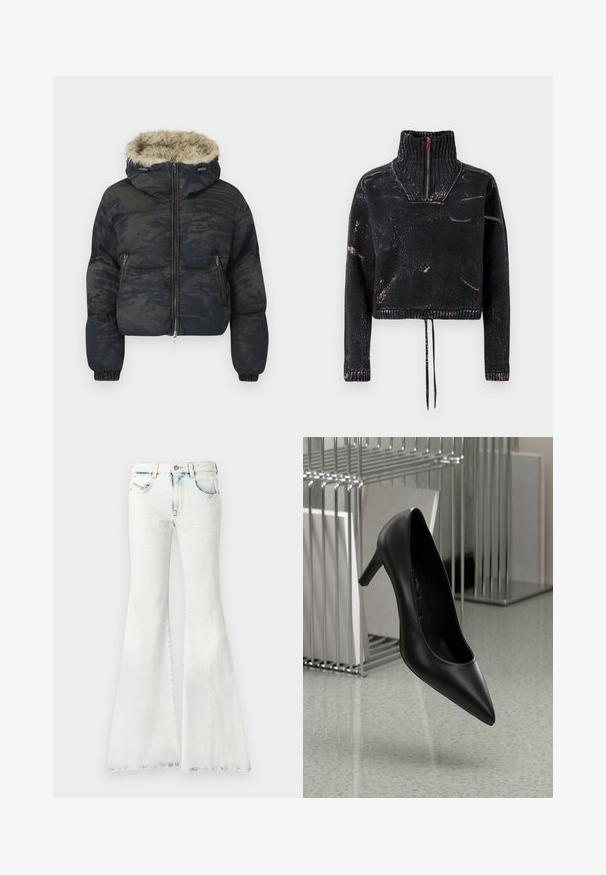 Chaqueta acolchada en azul oscuro con un acabado texturizado y con patrón. Cuenta con capucha forrada de piel, cierre de cremallera y puños elásticos.; Suéter negro recortado con cuello alto, cierre de medio cremallera, tela texturizada y patrón de salpicaduras rosas en el frente y las mangas.; Jeans acampanados de mezclilla azul claro, con talle alto, sutiles desgastes y abertura amplia en la pierna. Diseño clásico de cinco bolsillos.; Zapato de tacón alto de cuero negro con punta afilada y tacón delgado, situado contra un fondo minimalista que presenta colores metálicos y neutros.