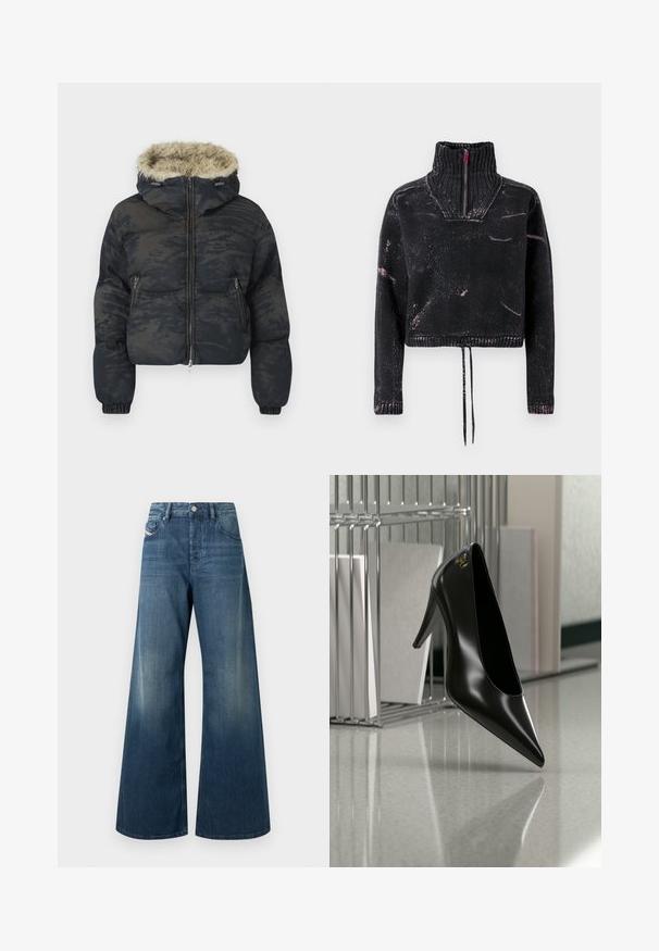 Chaqueta acolchada en azul oscuro con un acabado texturizado y con patrón. Cuenta con capucha forrada de piel, cierre de cremallera y puños elásticos.; Suéter negro recortado con cuello alto, cierre de medio cremallera, tela texturizada y patrón de salpicaduras rosas en el frente y las mangas.; Jeans de piernas anchas en denim azul oscuro, con un acabado desgastado, diseño tradicional de cinco bolsillos y cierre con botón de metal en la cintura.; Zapato de tacón alto negro con punta afilada y logo dorado, colocado sobre una superficie reflectante cerca de un organizador de archivos de alambre cromado con documentos.