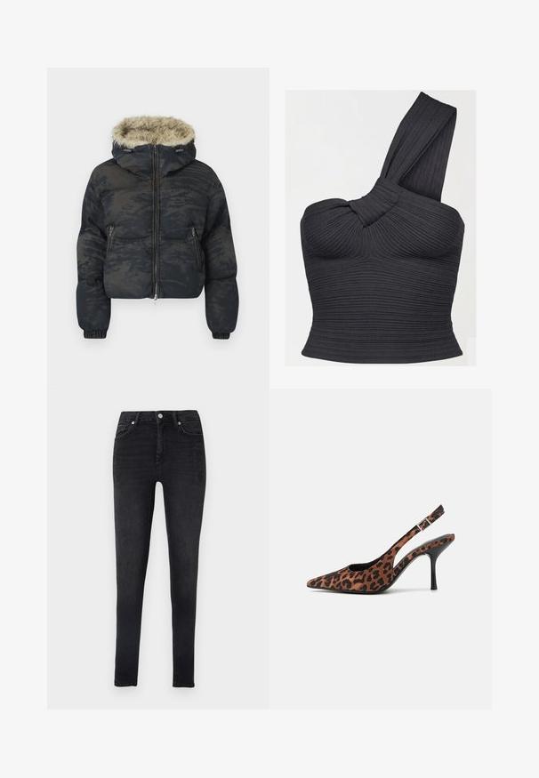 Bunda s kapucňou v tmavomodrej farbe s textúrovaným, vzorovaným povrchom. Obsahuje kožušinu na kapucni, zips a elastické manžety.; Čierny rebrovaný crop top s jedným ramenom, detailom skrúteného ramienka a priliehavým strihom.; Vysoké čierne úzke džínsy z denimu s jemným opotrebovaním a ozdobami v prednej časti. Obsahujú dizajn s piatimi vreckami a zapínanie na gombík.; Lodičky s leopardím vzorom so sakom s uzavretou špičkou, čiernym lesklým opätkom a nastaviteľným remienkom na členku. Mäkký materiál s textúrovaným povrchom.