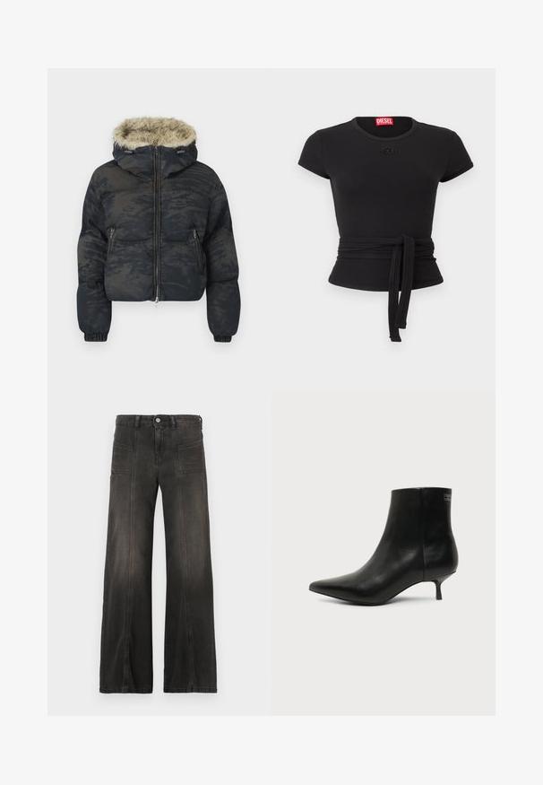 Chaqueta acolchada en azul oscuro con un acabado texturizado y con patrón. Cuenta con capucha forrada de piel, cierre de cremallera y puños elásticos.; Top negro de manga corta con tejido de canalé, cinturón de lazo en la cintura y cuello redondo, con pequeño parche de logo y etiqueta de la marca Diesel en rojo en el interior del cuello.; Pantalones vaqueros de mezclilla negra de pierna ancha con un acabado descolorido, que cuentan con dos bolsillos frontales y detalles cosidos a lo largo de las costuras. Diseño de talle alto.; Botín de piel negra con puntera puntiaguda y tacón bajo estilo kitten sobre fondo claro, mostrando vista lateral exterior.