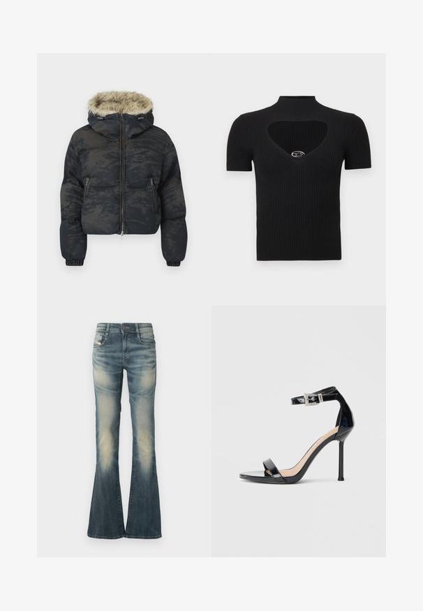 Chaqueta acolchada en azul oscuro con un acabado texturizado y con patrón. Cuenta con capucha forrada de piel, cierre de cremallera y puños elásticos.; Top negro de punto acanalado con cuello alto y escote en forma de corazón. Presenta mangas cortas y un accesorio plateado en el cuello.; Vaqueros de corte acampanado en azul desvaído con un ligero efecto desgastado. Presentan cierre frontal de botones, cinco bolsillos y una cintura de talle medio.; Sandalia de tacón alto en piel sintética negra con correa en el tobillo. Presenta un diseño minimalista, punta abierta y una hebilla con detalles de pedrería.