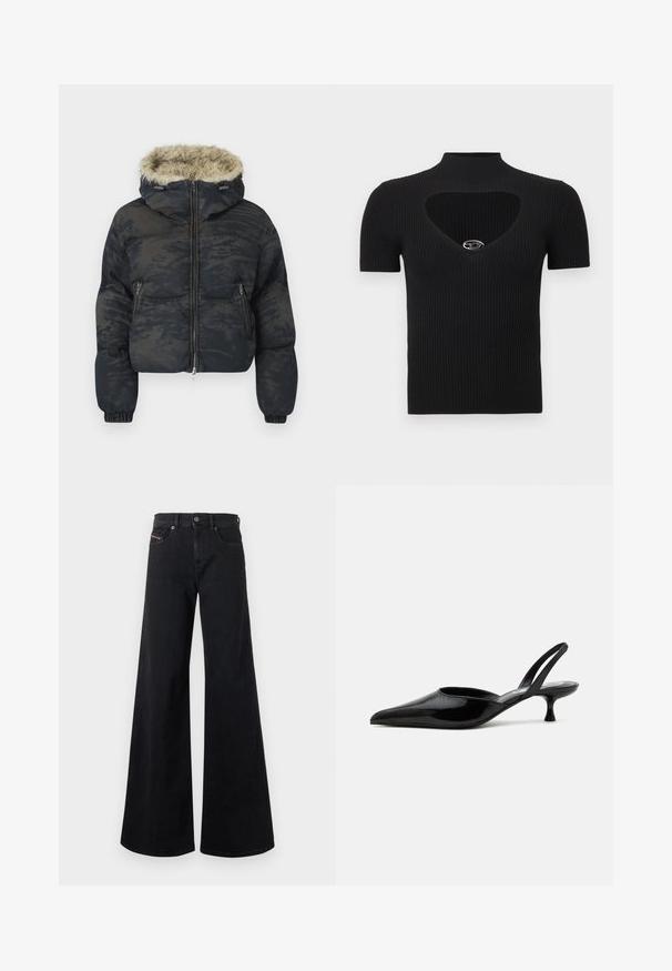Chaqueta acolchada en azul oscuro con un acabado texturizado y con patrón. Cuenta con capucha forrada de piel, cierre de cremallera y puños elásticos.; Top negro de punto acanalado con cuello alto y escote en forma de corazón. Presenta mangas cortas y un accesorio plateado en el cuello.; Vaqueros negros de pierna ancha hechos de denim, con cintura alta, cierre de botones, bolsillos frontales y detalles mínimos de costuras.; Zapato slingback de tacón bajo tipo kitten en charol negro con puntera puntiaguda y tacón bajo curvado sobre fondo claro y liso.