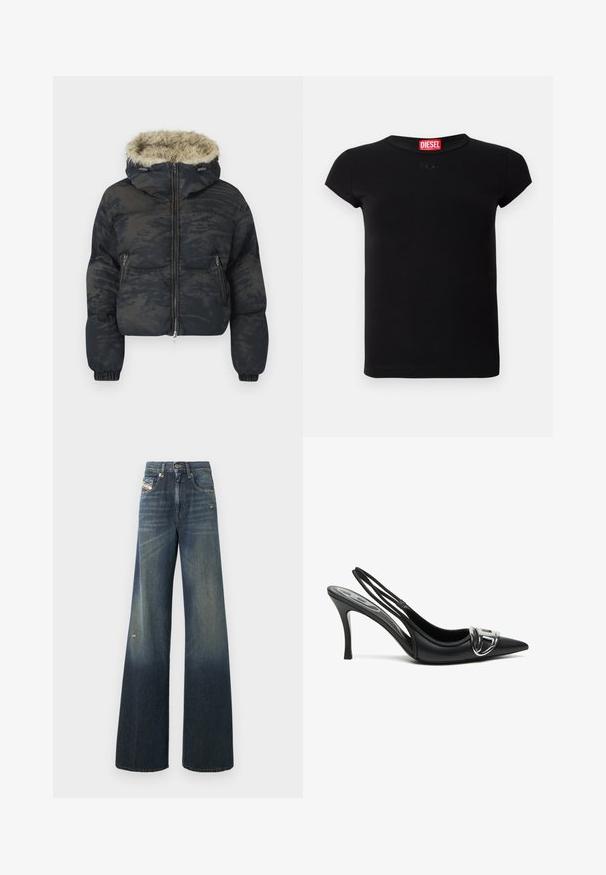 Dunkelblaue Pufferjacke mit strukturiertem, gemustertem Finish. Verfügt über eine mit Fell gefütterte Kapuze, einen Reißverschluss und elastische Bündchen.; Schwarzes, tailliertes Kurzarm-T-Shirt mit Rundhalsausschnitt und rotem Diesel-Logo-Tag im Kragen.; Weit geschnittene Jeans aus Denim in Dunkelblau mit einem ausgewaschenen Finish, mit einem abgenutzten Knie und klassischem Fünf-Taschen-Design mit Label.; Schwarze Slingback-Pumps mit spitzem Vorderteil, ausgestattet mit einem glänzenden silbernen Schnallendetail und einem schlanken Absatz. Glattes Lederoberfläche, minimalistische Gestaltung.