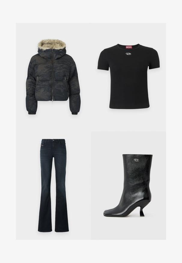Chaqueta acolchada en azul oscuro con un acabado texturizado y con patrón. Cuenta con capucha forrada de piel, cierre de cremallera y puños elásticos.; Camiseta negra de canalé con mangas cortas, con escote redondo y un pequeño detalle de logo plateado en el centro delanero.; Jeans acampanados de mezclilla oscura con una textura suave, diseño de cinco bolsillos y cierre de botón en la cintura. Presentan un sutil detalle de costura.; Botín de cuero negro con acabado brillante, puntera cuadrada y diseño único de tacón curvado. Presenta un pequeño detalle metálico con el logo.