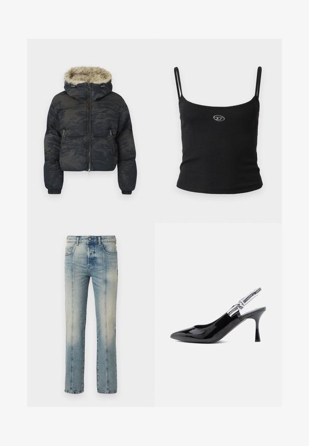 Chaqueta acolchada en azul oscuro con un acabado texturizado y con patrón. Cuenta con capucha forrada de piel, cierre de cremallera y puños elásticos.; Top tipo camisola negro con textura acanalada, tirantes finos y un pequeño logo metálico en el centro. La tela parece elástica y ajustada al cuerpo.; Vaqueros de mezclilla azul claro con corte recto, acabado descolorido, costuras contrastantes y cierre frontal con botones.; Zapato de tacón slingback de charol negro con punta afilada, tacón moderado y una correa que presenta una atrevida marca blanca a lo largo del borde.