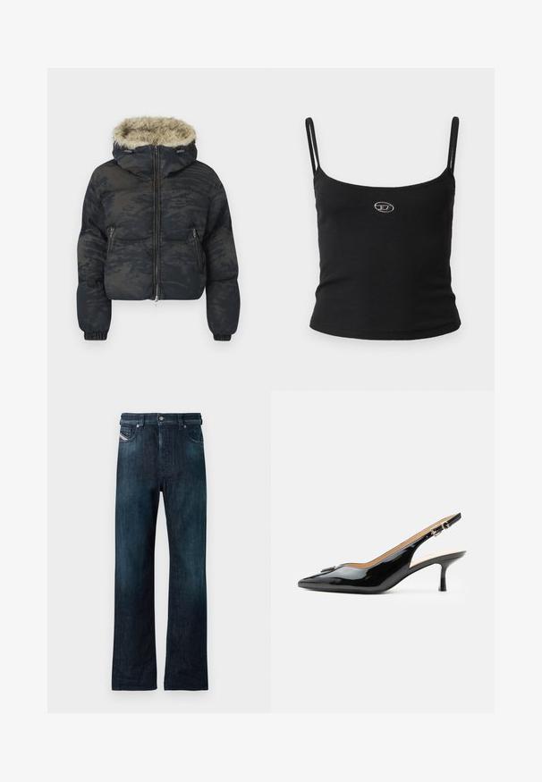 Dunkelblaue Pufferjacke mit strukturiertem, gemustertem Finish. Verfügt über eine mit Fell gefütterte Kapuze, einen Reißverschluss und elastische Bündchen.; Schwarzes, geripptes Camisole-Oberteil mit dünnen Trägern und einem kleinen metallischen Logo in der Mitte. Der Stoff wirkt dehnbar und figurbetont.; Dunkelblaue Denim-Jeans mit geradem Bein, ausgestattet mit einem vorderen Knopfverschluss und Seitentaschen. Weiche Textur mit einem leicht verblassten Finish.; Schwarzer Pumps mit Riemchen aus Lackleder, spitz zulaufender Zehenpartie, kleinem Kitten-Heel und silberner Schnalle auf weißem Hintergrund.