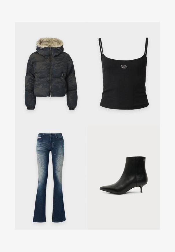 Dunkelblaue Pufferjacke mit strukturiertem, gemustertem Finish. Verfügt über eine mit Fell gefütterte Kapuze, einen Reißverschluss und elastische Bündchen.; Schwarzes, geripptes Camisole-Oberteil mit dünnen Trägern und einem kleinen metallischen Logo in der Mitte. Der Stoff wirkt dehnbar und figurbetont.; Ausgestellte Jeans aus Denim mit einer dunkelblauen Waschung und hellerem Verblassen, strukturierten Oberflächen und einem Reißverschluss. Fünf-Taschen-Design mit Markenlabel.; Schwarzer Leder-Knöchel-Stiefel mit spitzer Spitze und niedrigem Kittenabsatz vor hellem Hintergrund, seitliche Ansicht.