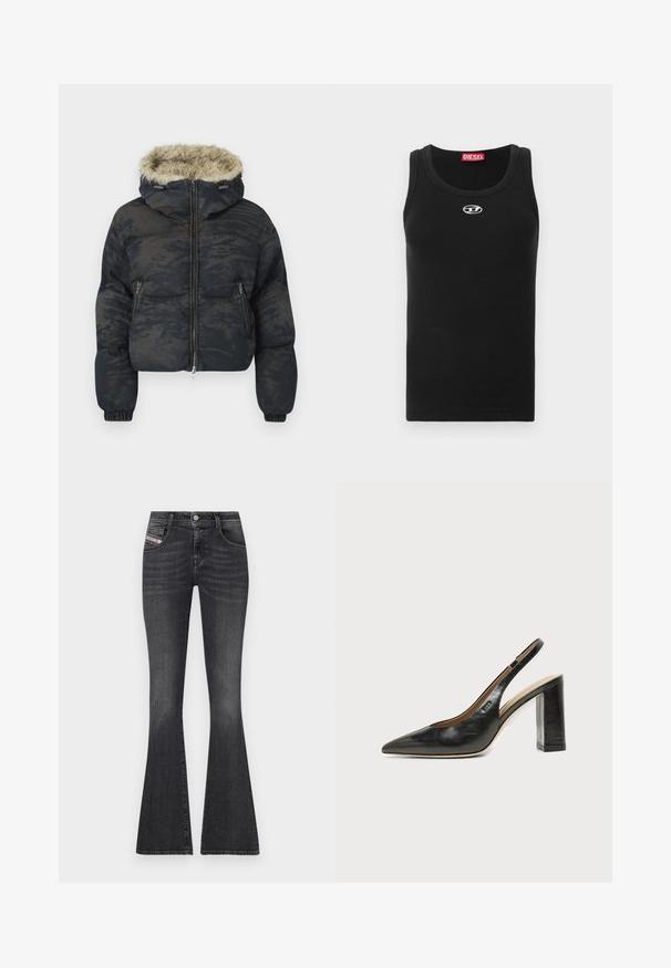 Chaqueta acolchada en azul oscuro con un acabado texturizado y con patrón. Cuenta con capucha forrada de piel, cierre de cremallera y puños elásticos.; Camiseta sin mangas negra de tela de algodón con cuello redondo, diseño sin mangas y un pequeño logo blanco en la zona del pecho.; Jeans de denim gris oscuro con corte acampanado, cintura alta, diseño de cinco bolsillos, herrajes plateados y un desvanecimiento sutil. Presenta una etiqueta de marca en el lateral.; Zapato slingback de piel negra con puntera puntiaguda, tacón alto y ancho, y forro interior beige sobre un fondo claro y liso.