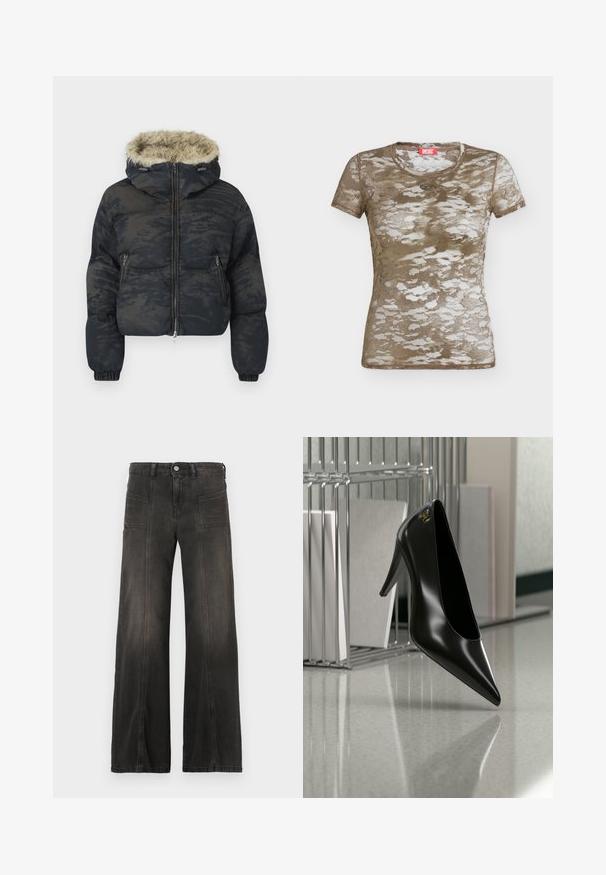 Donsjack in donkerblauw met een gestructureerde, geprinte afwerking. Beschikt over een bontvoering capuchon, ritssluiting en elastische manchetten.; Korte mouw, aansluitend mesh t-shirt in bruin camouflagepatroon met een kleine Diesel logo patch onder de kraag, weergegeven op een effen achtergrond.; Zwarte denim jeans met wijde pijpen en een vervaagde afwerking, voorzien van twee zakken aan de voorkant en gestikte details langs de naden. Hoge taille.; Zwart hooggehakt schoen met puntige neus en gouden logo, geplaatst op een reflecterend oppervlak naast een verchroomde draadordner met documenten.