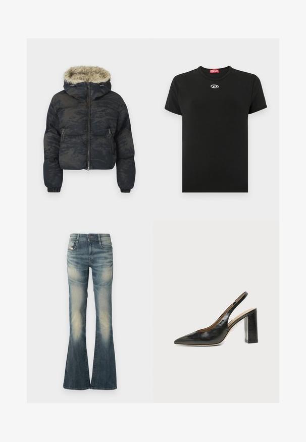 Chaqueta acolchada en azul oscuro con un acabado texturizado y con patrón. Cuenta con capucha forrada de piel, cierre de cremallera y puños elásticos.; Camiseta negra de algodón con cuello redondo, mangas cortas y un pequeño logo blanco de Diesel en el pecho; textura suave, ajuste clásico.; Vaqueros de corte acampanado en azul desvaído con un ligero efecto desgastado. Presentan cierre frontal de botones, cinco bolsillos y una cintura de talle medio.; Zapato slingback de piel negra con puntera puntiaguda, tacón alto y ancho, y forro interior beige sobre un fondo claro y liso.