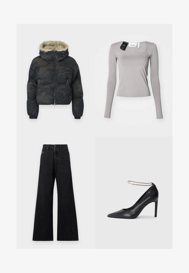 Doudoune bleu foncé avec une finition texturée et à motifs. Elle dispose d'une capuche en fourrure, d'une fermeture éclair et de poignets élastiques.; Chemise à manches longues en gris clair, avec un décolleté carré, coupe ajustée et tissu lisse. Comprend des étiquettes attachées au niveau du décolleté.; Jeans noirs à jambes larges, confectionnés en denim, avec une taille haute, un design à cinq poches et un détail de couture subtile sur le devant.; Escarpin noir en cuir avec un bout pointu, doté d'une fine bride de cheville en chaîne argentée et d'une texture lisse et élégante.
