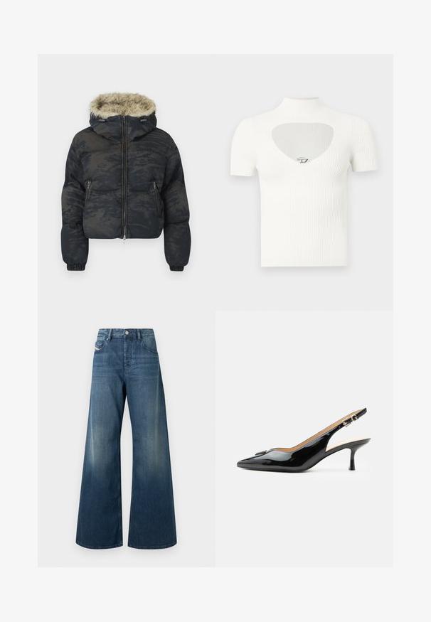 Chaqueta acolchada en azul oscuro con un acabado texturizado y con patrón. Cuenta con capucha forrada de piel, cierre de cremallera y puños elásticos.; Top blanco de manga corta con textura acanalada, cuello alto simulado y un corte en forma de corazón en el pecho, con un detalle plateado en el centro.; Jeans de piernas anchas en denim azul oscuro, con un acabado desgastado, diseño tradicional de cinco bolsillos y cierre con botón de metal en la cintura.; Tacón slingback de charol negro con puntera puntiaguda, tacón pequeño tipo kitten y correa con hebilla plateada sobre un fondo blanco liso.