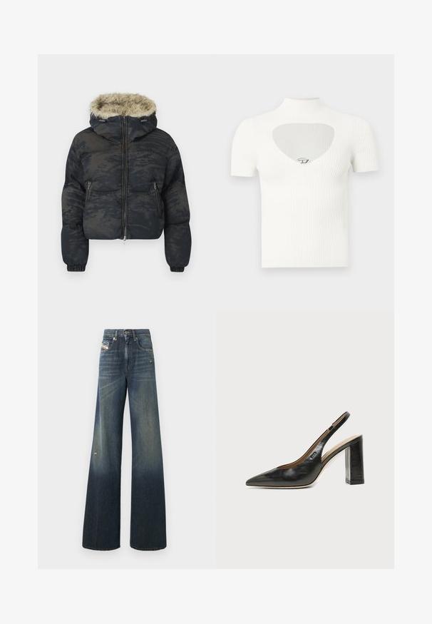 Dunkelblaue Pufferjacke mit strukturiertem, gemustertem Finish. Verfügt über eine mit Fell gefütterte Kapuze, einen Reißverschluss und elastische Bündchen.; Weißes, geripptes Kurzarmshirt mit Stehkragen und herzförmigem Ausschnitt an der Brust, mit einem silbernen Akzentdetail in der Mitte.; Weit geschnittene Jeans aus Denim in Dunkelblau mit einem ausgewaschenen Finish, mit einem abgenutzten Knie und klassischem Fünf-Taschen-Design mit Label.; Schwarzer Leder-Slingback-Schuh mit spitzer Kappe, hohem Blockabsatz und beigegefüttertem Innenraum vor hellem, einfarbigem Hintergrund.