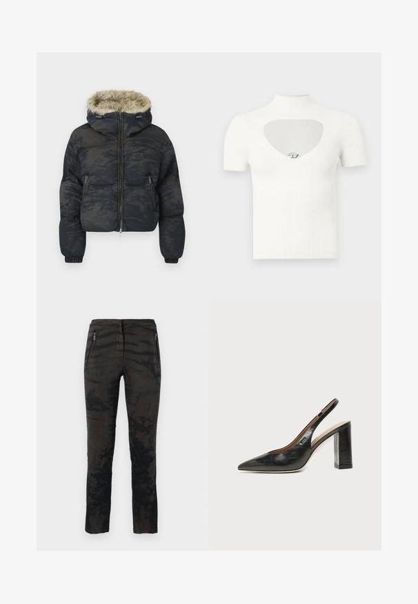Dunkelblaue Pufferjacke mit strukturiertem, gemustertem Finish. Verfügt über eine mit Fell gefütterte Kapuze, einen Reißverschluss und elastische Bündchen.; Weißes, geripptes Kurzarmshirt mit Stehkragen und herzförmigem Ausschnitt an der Brust, mit einem silbernen Akzentdetail in der Mitte.; Schwarz und dunkelgrau gefärbte Batik-Hosen mit zwei seitlichen Reißverschlusstaschen, geradem Bein-Design und einem Logopatch am hinteren Bund.; Schwarzer Leder-Slingback-Schuh mit spitzer Kappe, hohem Blockabsatz und beigegefüttertem Innenraum vor hellem, einfarbigem Hintergrund.