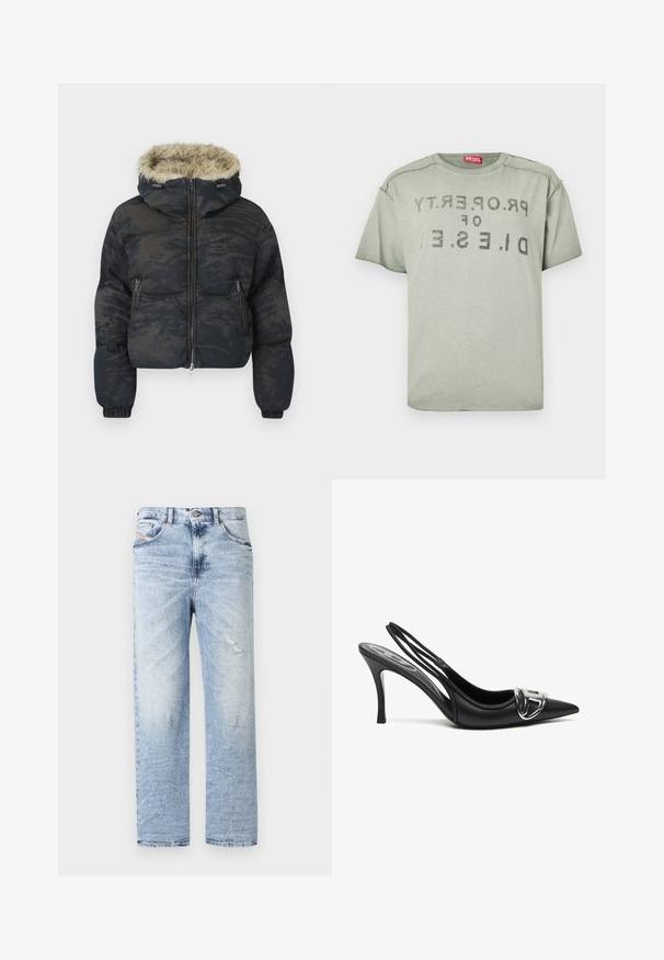 Chaqueta acolchada en azul oscuro con un acabado texturizado y con patrón. Cuenta con capucha forrada de piel, cierre de cremallera y puños elásticos.; Camiseta Diesel de color gris claro con texto negro descolorido "PROPERTY OF D.I.E.S.E.L" invertido en el frente y una etiqueta de la marca en rojo dentro del cuello.; Vaqueros de mezclilla de color azul claro con corte recto, que presentan un ligero desgaste y un diseño clásico de cinco bolsillos. Cintura clásica con botón.; Zapatos de tacón alto de charol negros con tira trasera y punta afilada, que presentan un detalle de hebilla plateada brillante y un tacón delgado. Textura de cuero suave, diseño minimalista.
