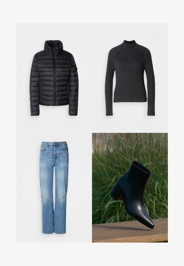Chaqueta acolchada negra con cuello alto, que presenta paneles acolchados, un cierre frontal y bolsillos laterales elásticos. Diseño ligero y compacto.; Suéter de canalé gris oscuro con mangas largas y cuello alto, con un diseño ajustado y una textura sutil.; Los vaqueros de denim azul claro presentan un corte relajado, piernas anchas y detalles de costura curvados. La tela tiene una textura suave con un ligero desgaste.; Botín negro de cuero con puntera puntiaguda y tacón ancho descansando sobre superficie de madera, hierba alta y verde al fondo.