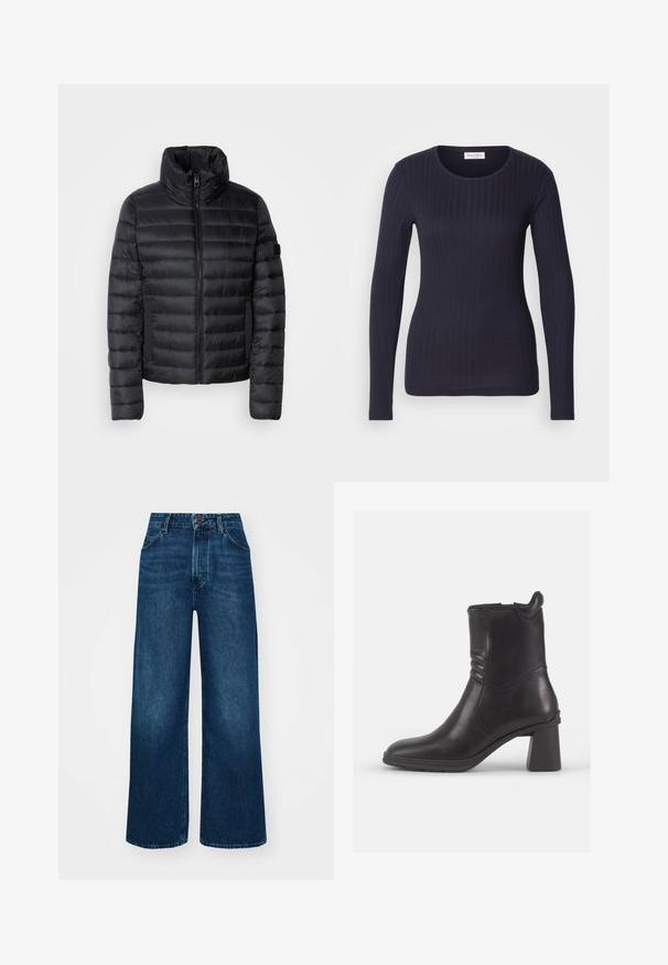 Chaqueta acolchada negra con cuello alto, que presenta paneles acolchados, un cierre frontal y bolsillos laterales elásticos. Diseño ligero y compacto.; Top de manga larga de canalé en color navy con cuello redondo. Hecho de una tela suave, presenta un diseño ajustado y una textura sutil en toda su superficie.; Jeans de talle alto y pierna ancha en denim azul oscuro con una textura suave, costuras en contraste y un diseño de cinco bolsillos. Cierre frontal con botón.; Botín negro de cuero hasta el tobillo con punta redonda, paneles laterales texturizados y un tacón grueso. Acabado suave y diseño minimalista.