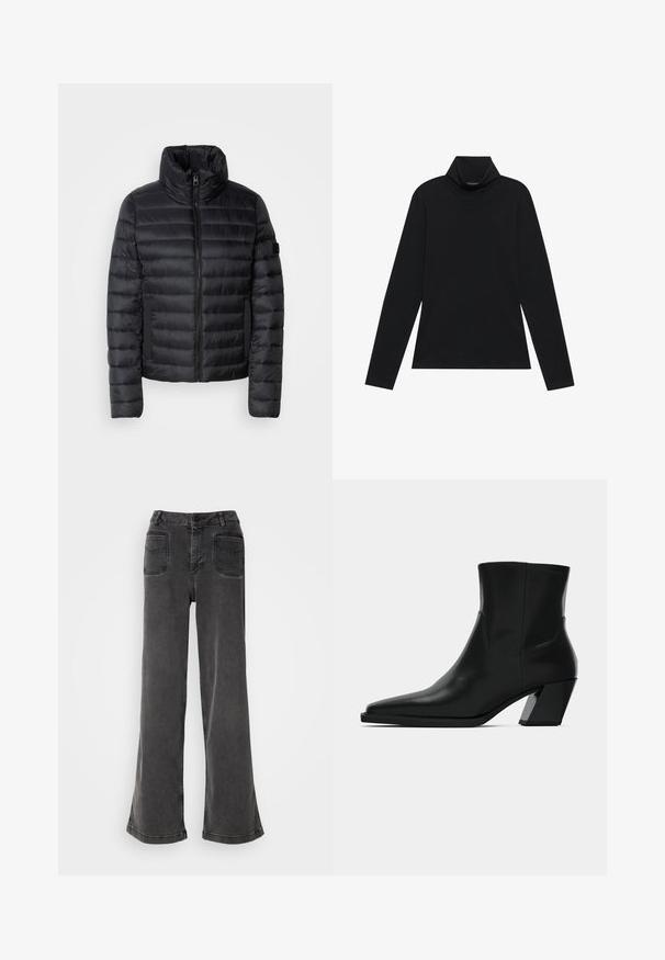 Chaqueta acolchada negra con cuello alto, que presenta paneles acolchados, un cierre frontal y bolsillos laterales elásticos. Diseño ligero y compacto.; Sudadera negra de manga larga con cuello alto. Tejido suave, diseño ajustado, cuello alto y costuras laterales. Estilo sencillo y versátil, adecuado para combinar en capas.; Jeans negros de tiro alto y pierna ancha, hechos de denim, con cierre de botones, presillas para cinturón y dos bolsillos traseros con detalles de costura.; Bota de tobillo de cuero negro con punta afilada, una silueta elegante y un tacón cuadrado grueso. Textura suave con detalles de costura mínimos.