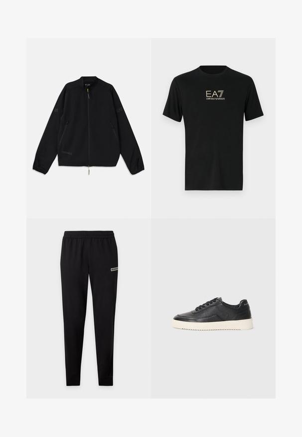 Zwarte opvouwbare jas van lichtgewicht materiaal, met een rits aan de voorkant, zijzakken en logo-accenten in grijs en groen.; Zwarte t-shirt van soepel katoen met korte mouwen, met een contrasterend goudkleurig EA7 en Emporio Armani-logo op de voorkant.; Zwarte slim fit joggingbroek met elastische tailleband en klein logodetail op het bovenste deel van de dij op een effen achtergrond.; Zwarte leren sneaker met een gestructureerde afwerking, ronde neus en platte witte rubberen zool. Voorzien van zwarte veters en merklabel op de hiel.