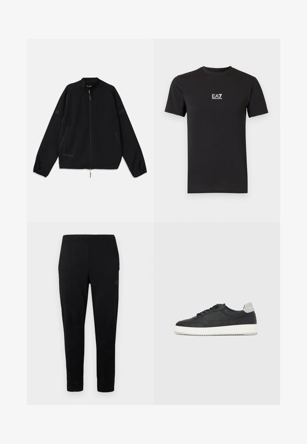Sort sammenfoldelig jakke lavet af letvægtsmateriale, med lynlås foran, sidelommer og logo-detaljer i grå og grøn.; Sort T-shirt med korte ærmer lavet af blødt stof, med en lille hvid EA7 Emporio Armani-logo på brystet. Klassisk rund halsudskæring.; Sorte atletikbukser med elastisk taljebånd, slank pasform og uden synligt hardware. Har et diskret logo trykt på siden.; Sort lavtop-sneakers med hvid sål og grå hælkappe, set fra siden på en helt hvid baggrund.